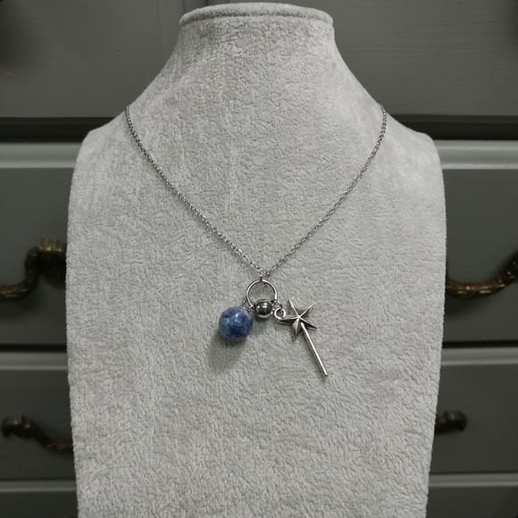 Wand Blue Spot Jasper Necklace Gemstone Charm Adjustable Stainless-Steel Chain - Picture 2 of 3